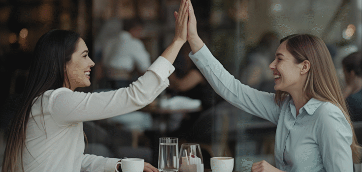 Två kvinnor gör en high five på ett café