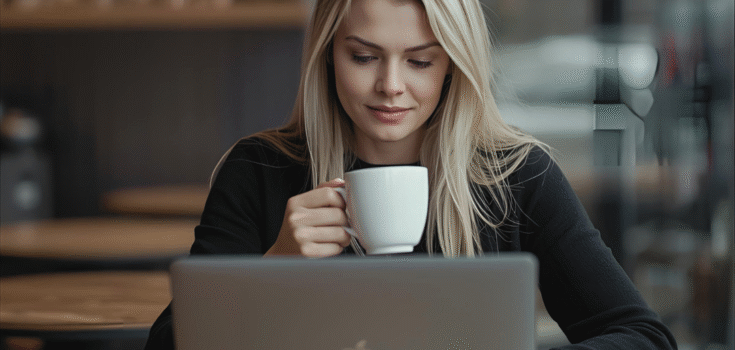 En kvinna dricker kaffe framför en laptop