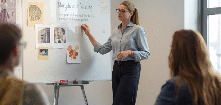 Lärare står vid en whiteboard i ett klassrum