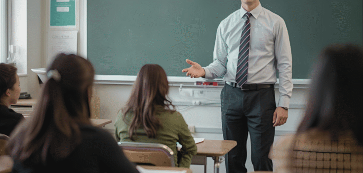 Lärare står vid tavlan framför en skolklass