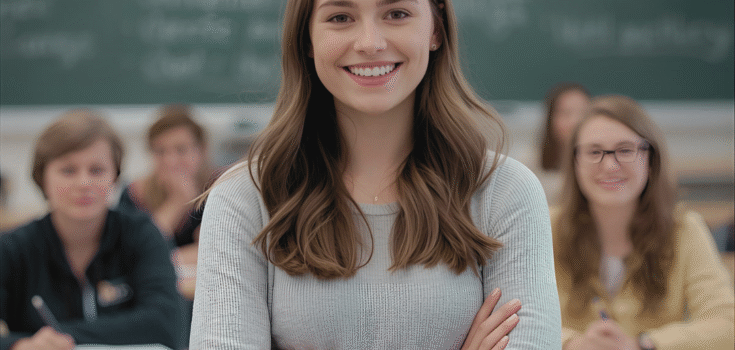 Leende kvinna står i ett klassrum