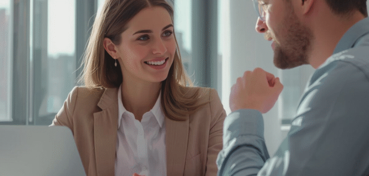 en man och en kvinna diskuterar vid en laptop