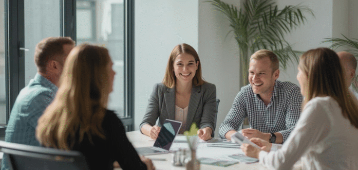 kollegor sitter runt ett bord och samtalar