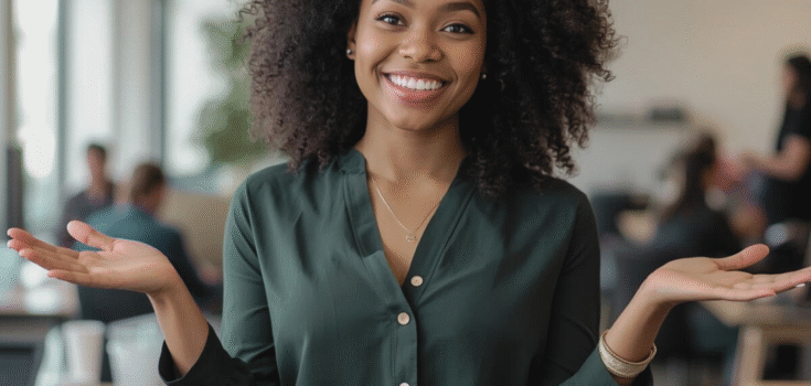 kvinna står med utsträckta händer i ett kontorslandskap och ler